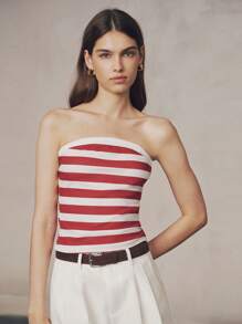 SHEIN Unity Women's Summer Striped Bandeau Casual Versatile Cropped Top - Red and White - View 4