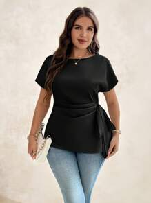 SHEIN Clasi Women Plus Size Summer Solid Color Round Neck Batwing Sleeve Tie-Waist Shirt,Business Casual Woman,Teacher Outfits For Women