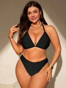 Swim Chiccia 2pcs/Set Plus Size Women Holiday Halter Neck Tie Front Bikini Top And Triangle Bottom Swimsuit High Waisted Swimsuit For Summer Beach Vacation