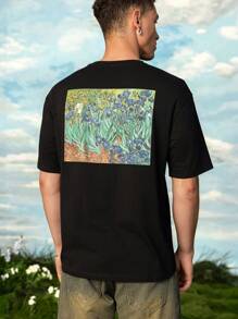 SHEIN Touch of Art 男士鸢尾花图案黑色短袖圆领T恤 - 黑色 - 查看 1