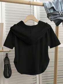 Chiquease Women Asymmetrical Drawstring Hooded Zipper Short Sleeve Sweatshirt, Casual For Spring/Summer Graduation,Back To School,Graduation,Teacher For Women,Back To School Pullover Fall