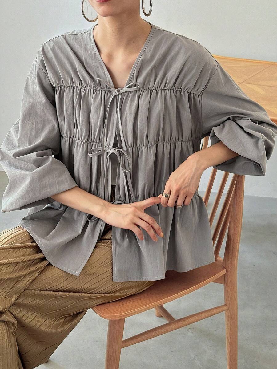 FRIFUL 女士纯色系带蝴蝶结宽松休闲百搭长袖衬衫，节日/度假装 - 灰色 - 查看 1