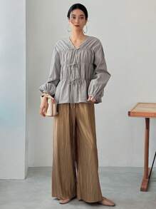 FRIFUL 女士纯色系带蝴蝶结宽松休闲百搭长袖衬衫，节日/度假装 - 灰色 - 查看 2