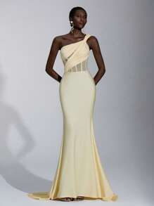 Elitara Women's Elegant Asymmetrical Shoulder Ruching Fishtail Skirt Formal Evening Dress, Minimalist Stretch Knit Train Gown For Wedding&Birthday Party - Light Yellow - View 6
