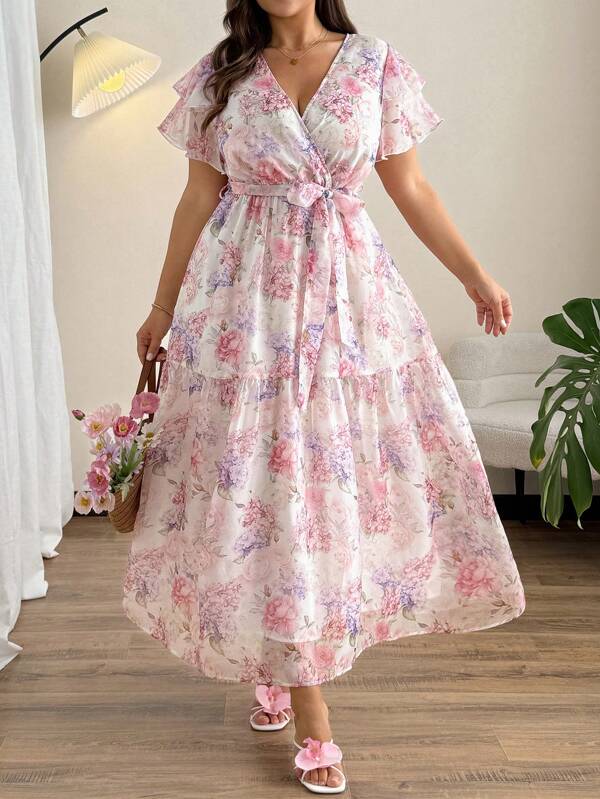 Franclia Plus Size Women's French Romantic Sicily Elegant Casual Commuting Vacation Afternoon Tea Party Voile Printed Crossed V-Neck Layered Ruffle Sleeve Elastic Waist A-Line Long Dress