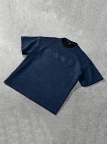 Manfinity Hypemode Men's Navy Blue Summer Casual Streetwear T-Shirt,Suede-Like Fabric Embossed Pattern,City Break Relaxed Dropped Shoulder Oversized Minimalist Tee - Navy Blue - View 4