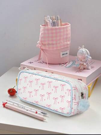 Kawaii Sac cosmétique portable de grande capacité avec broderie de papillon, pour la rentrée scolaire
