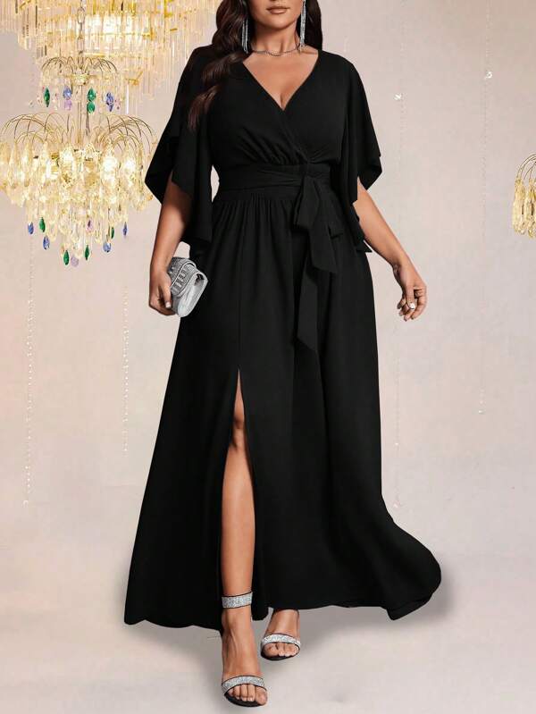 Cravure Plus Size Women's Solid Color Form-Fitting V-Neck Flared Short Sleeve Tie Waist Ruched Slit Elegant Party Maxi Dress