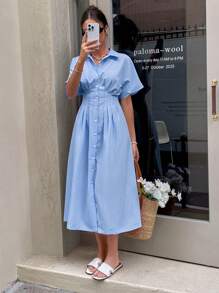 Serisse Robe mi-mollet à manches courtes avec taille cintrée, rayures bleu et blanc classiques pour femmes