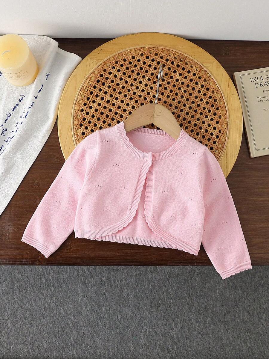 SHEIN Elladie kids 女宝宝白色时尚休闲简约纯色短款开衫 - 淺粉色 - 查看 1