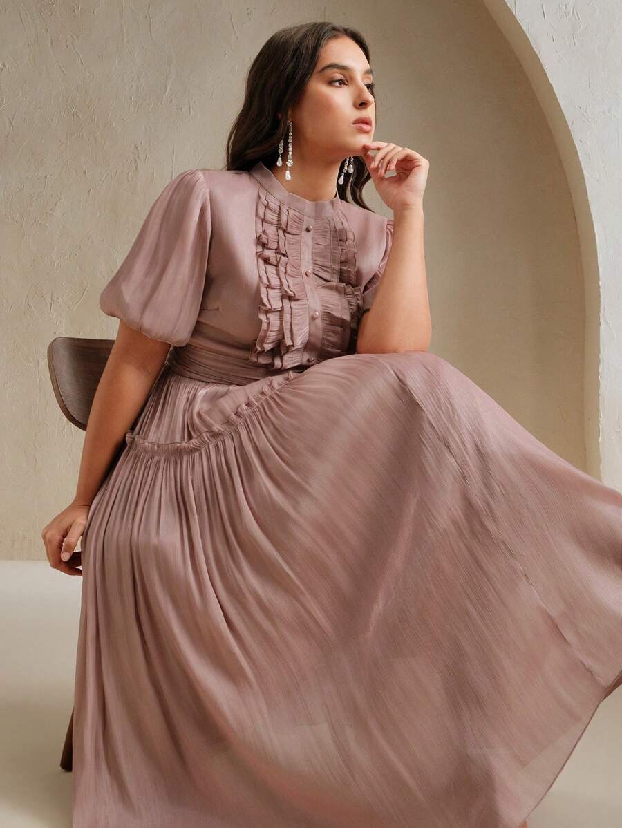Anewsta Vestido largo con volantes para mujer de talla grande, vestido elegante y versátil de estilo de verano - Rojo violeta - Ver 1