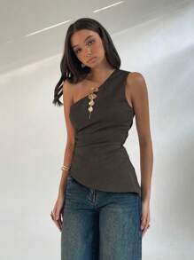 Aloruh Blusa de cuello oblicuo sin mangas con pliegues laterales para uso diario - Marrón - Ver 8