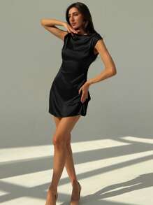 Aloruh Minimalist Office Outfit Stand Collar Tight Fitting Mini Satin Dress For Women - Black - View 4