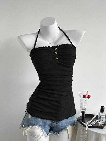 Elamini 女士纯色露背无袖修身短款上衣，荷叶边装饰，夏季