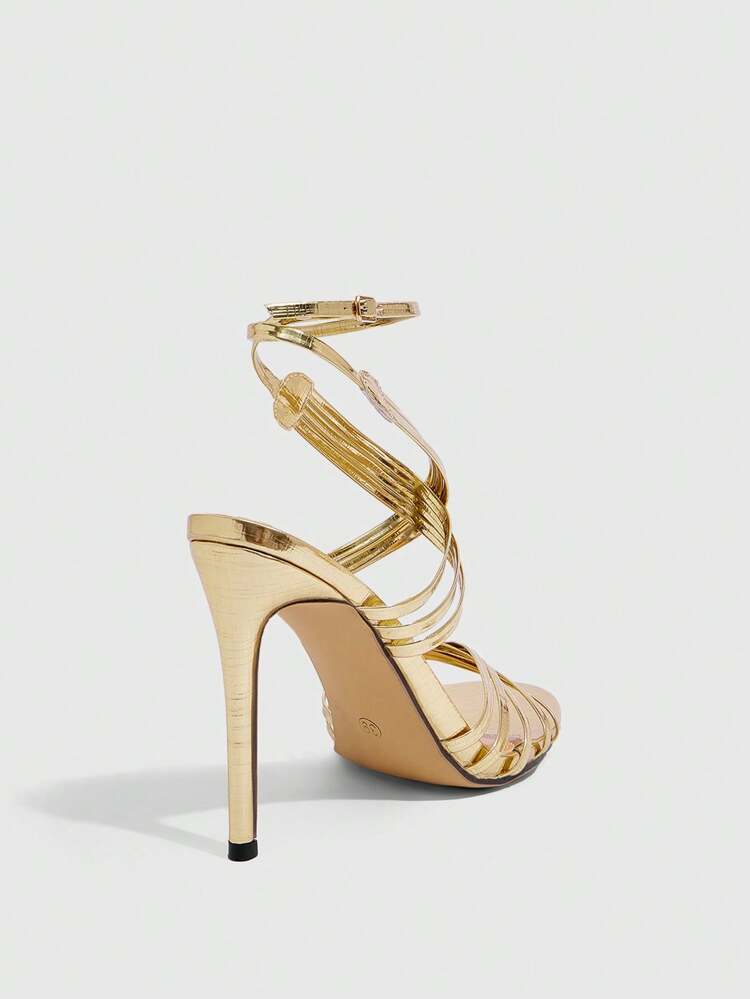 CUCCOO SZL Women's Sexy Fashion Thin Strap Round Toe High Heel Sandals, Casual Versatile Ankle Strap Gold Heeled Shoes For Christmas Spring Shoes Prom Heels