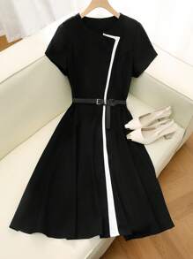 Flirla Plus Size Women's Elegant Color Block Waist Belt Dress, French Workwear Style