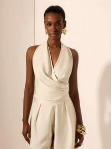 Zivah 2 件套无袖交叉系带露背上衣和阔腿裤套装 - 杏色，休闲夏季服装，适合音乐节、复活节、圣帕特里克节、西部风、游牧风、生日、毕业典礼、学院风、日常穿着、休闲、度假、巡航、海滩、日光浴、时尚、街头风格、婚礼嘉宾、通勤、早午餐、机场 - 杏色 - 查看 5