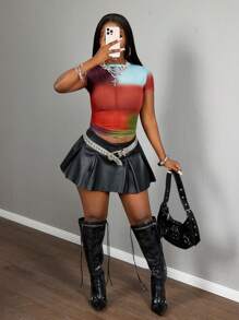 Slaydiva 2025 Autumn New Plus Size Women's Casual Street Style Sexy Sheer Mesh Color Block Patchwork Print Short Sleeve Fitted Blouse, Suitable For Music Festivals, Sexy Street Style, Graduation Season, Western Nomadic Style, Bohemian Style, Daily Outings, Motorcycle Sports, Clubs, Bombshell, Birthday Parties, Student Wear, Basic Versatile, Casual, Vacation, Cruise Travel, Beach, Sunbathing, Viral , Party Gatherings