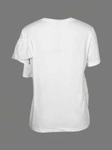 Women's Solid Color Round Neck Short Sleeve Ruffled Hem Fashion T-Shirt, Summer - White - View 2