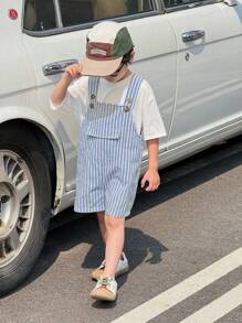 SHEIN 1 件装年轻男孩休闲舒适时尚简约实用百搭柔软学院风绿色格子面料背带裤，适合春夏季 - 藍色 - 查看 1