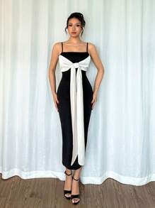 Chiquease Halloween Luxurious Black & Cream Extreme Contrast Bow Decor Mid-Length Dress