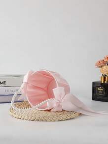 SHEIN 1pc Bow Pearl Wedding Flower Basket - White Bow Flower Basket, Satin Flower Basket, Suitable For Wedding Party Decoration, New Year Gift