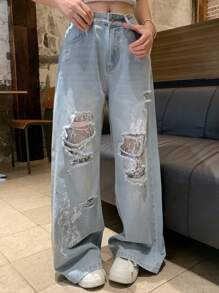 DAZY Quần Jeans Thường Ngày Rộng Rãi Phối Ren Chắp Vá Tie-Dye Cho Nữ, Phong Cách Giải Trí Đường Phố - Rửa nhẹ - Xem 2