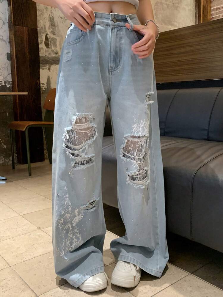 Women Distressed Lace Patchwork Tie-Dye Loose Casual Jeans, Streetwear Leisure Style