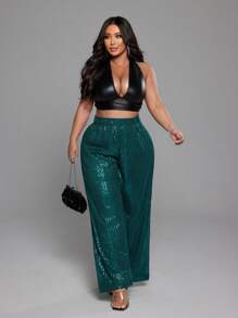 Flirla Plus Size Women Elegant Shiny Sequin Elastic Waist Romantic Party Holiday Fashion Design Pants For Valentine's Day Fall Cloth For Women