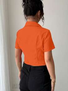INAWLY 休闲修身 Polo 领拉链金属装饰性感女式衬衫 - 橘色 - 查看 2