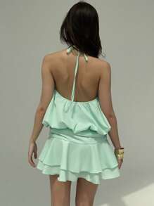 Aloruh Vestido corto de verano para mujer de unicolor con volantes en el bajo y escote halter sexy - verde menta - Ver 2