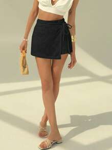 Aloruh 女士度假系带交叉不对称刺绣休闲裙 - 黑色 - 查看 3