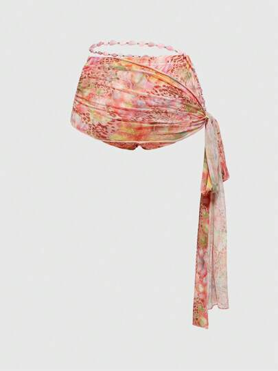 ROMWE Avant Women's Romantic Vacation Style Sexy 3D Floral Chain Print Super Low Waist Mini Shorts