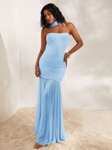 Opulessa 女士纯色针织与网眼露肩鱼尾下摆紧身连衣裙 - 藍色 - 查看 4