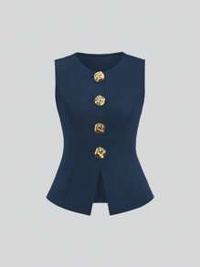 Sweetra Women's Summer Versatile Gold Button Sleeveless Top & Draping Trousers/Pants - Navy Blue - View 3