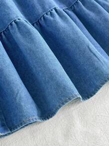 SHEIN Vintaside Kids 青少年女孩夏季无袖翻领时尚高端衬衫式牛仔连衣裙，适合派对、学校活动、生日、旅行和度假 - 藍色 - 查看 8