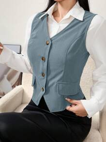Modelyn Women's Solid Color Casual Corduroy Button Vest Jacket - Dusty Blue - View 5