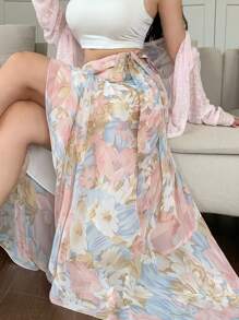 Wynsel 优雅雪花印花雪纺荷叶边A字裙，夏季返校季度假装扮，花卉图案 - 粉色 - 查看 8