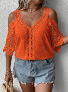 SHEIN Clasi Plus Size Women Contrast Lace Off Shoulder Loose Elegant Blouse - Orange - View 3