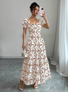 Chiquease 女士时尚优雅刺绣印花长裙 - 棕色 - 查看 1