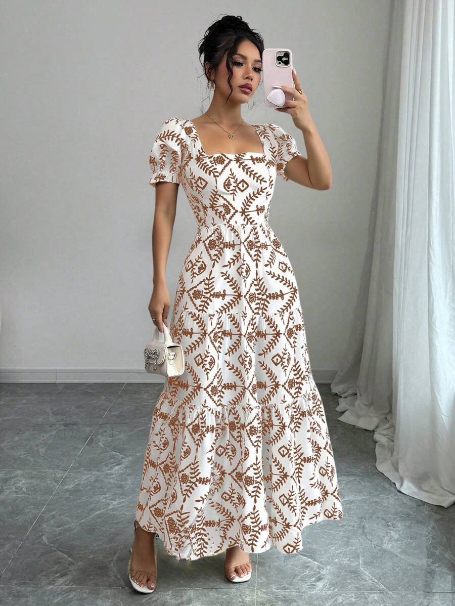 Chiquease 女士时尚优雅刺绣印花长裙 - 棕色 - 查看 1