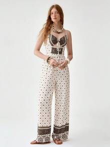 Florisole Khaki Printed Fashionable Vacation Drawstring Jumpsuit For Women - Apricot - View 6