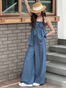 Dazy Kids Teen Girls Solid Color Slit Hem Camisole + Long Pants 2Pcs Set,Girls Summer Outfits,Back To School Clothes