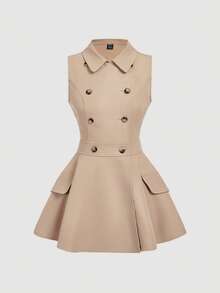 SHEIN MOD Khaki Color Vintage Sleeveless Cinched Waist Women's Trench Coat, Back To School Style, Old Money Style Autumn Winter Clothes For Women