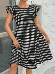 SHEIN Maternity Striped Print Round Neck Dress - Black - View 3