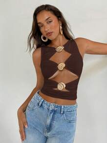 Aloruh Women's Seashell Decorated Hollow Out Top, Suitable For Beach Vacation, Spring/Summer - Brown - View 6