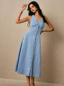 Poéselle Vestido vaquero casual de verano sin mangas con escote en V y abotonadura sencilla para mujer