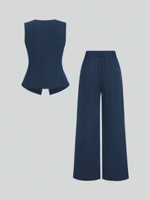 Sweetra Women's Summer Versatile Gold Button Sleeveless Top & Draping Trousers/Pants - Navy Blue - View 2