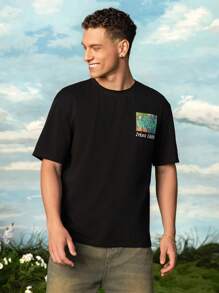 SHEIN Touch of Art 男士鸢尾花图案黑色短袖圆领T恤 - 黑色 - 查看 4