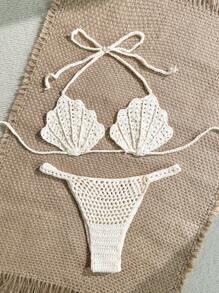 Soleia 全新贝壳风格针织比基尼套装，适合节日、钩针编织、可爱、卡哇伊露肩圣诞节上衣，适合学校返校服装，女士返校秋季服装，哥特女装，俱乐部服装，女士性感万圣节服装，俱乐部连衣裙，外出服装，音乐会服装，乡村音乐会服装 - 杏色 - 查看 6